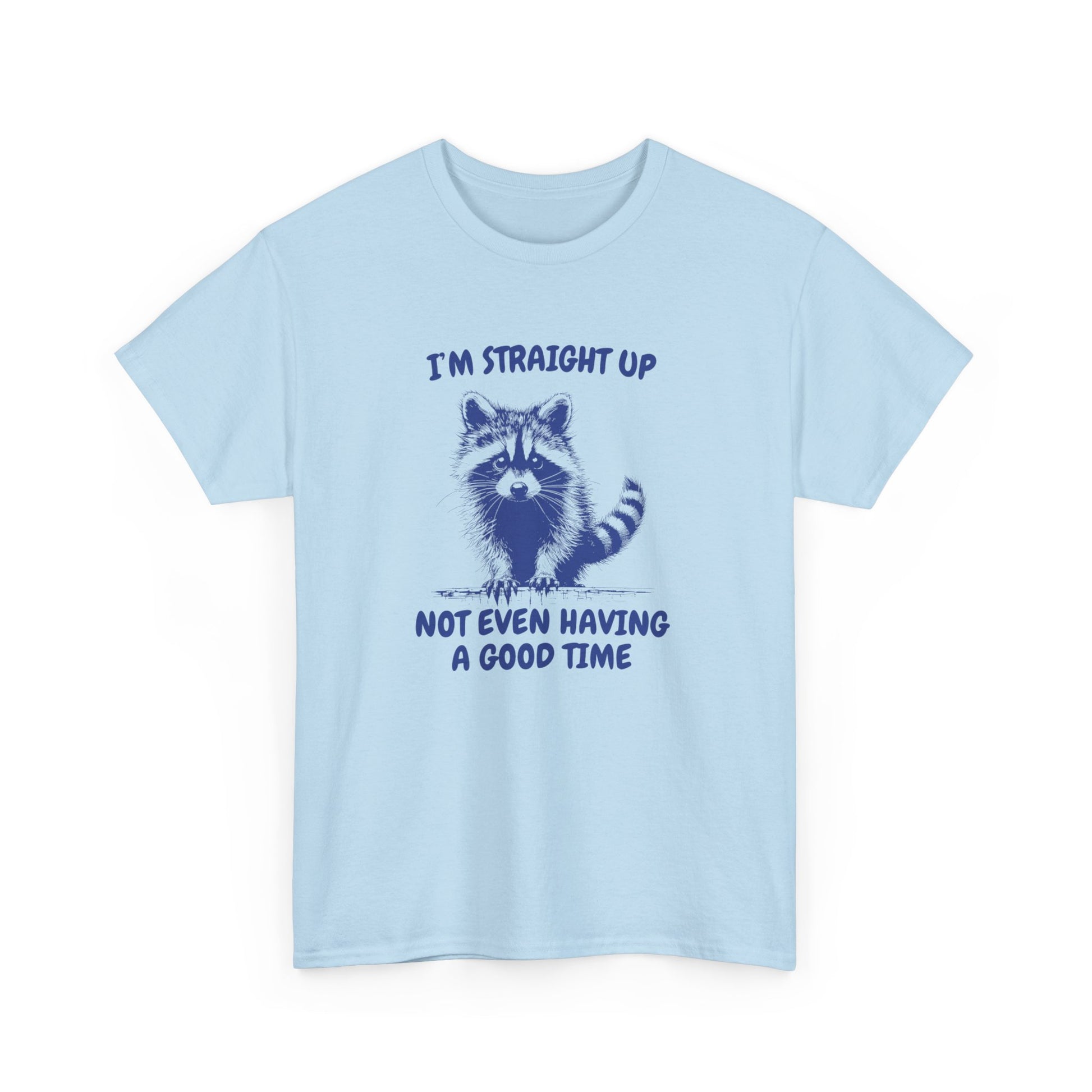 Front view of a light blue T-shirt featuring a distressed raccoon graphic with the text "I'm Straight Up Not Even Having a Good Time." Part of the Vivid Divergence Sensory Friendly Unisex Tees Range.