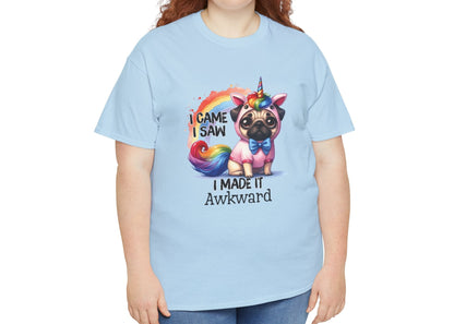 Plus-size woman wearing a light blue T-shirt featuring a colorful unicorn pug design with the text "I Came, I Saw, I Made It Awkward." Part of the Vivid Divergence Sensory Friendly Unisex Tees Range.