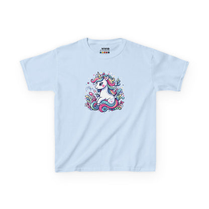 Front view of a light blue "Unicorn Vibes" kids T-shirt featuring a colorful, whimsical unicorn design. Part of the Vivid Divergence Sensory Friendly Kids Shirts Range. The perfect T-shirt for sensory-sensitive kids and comes with a Sensory Satisfaction Promise.