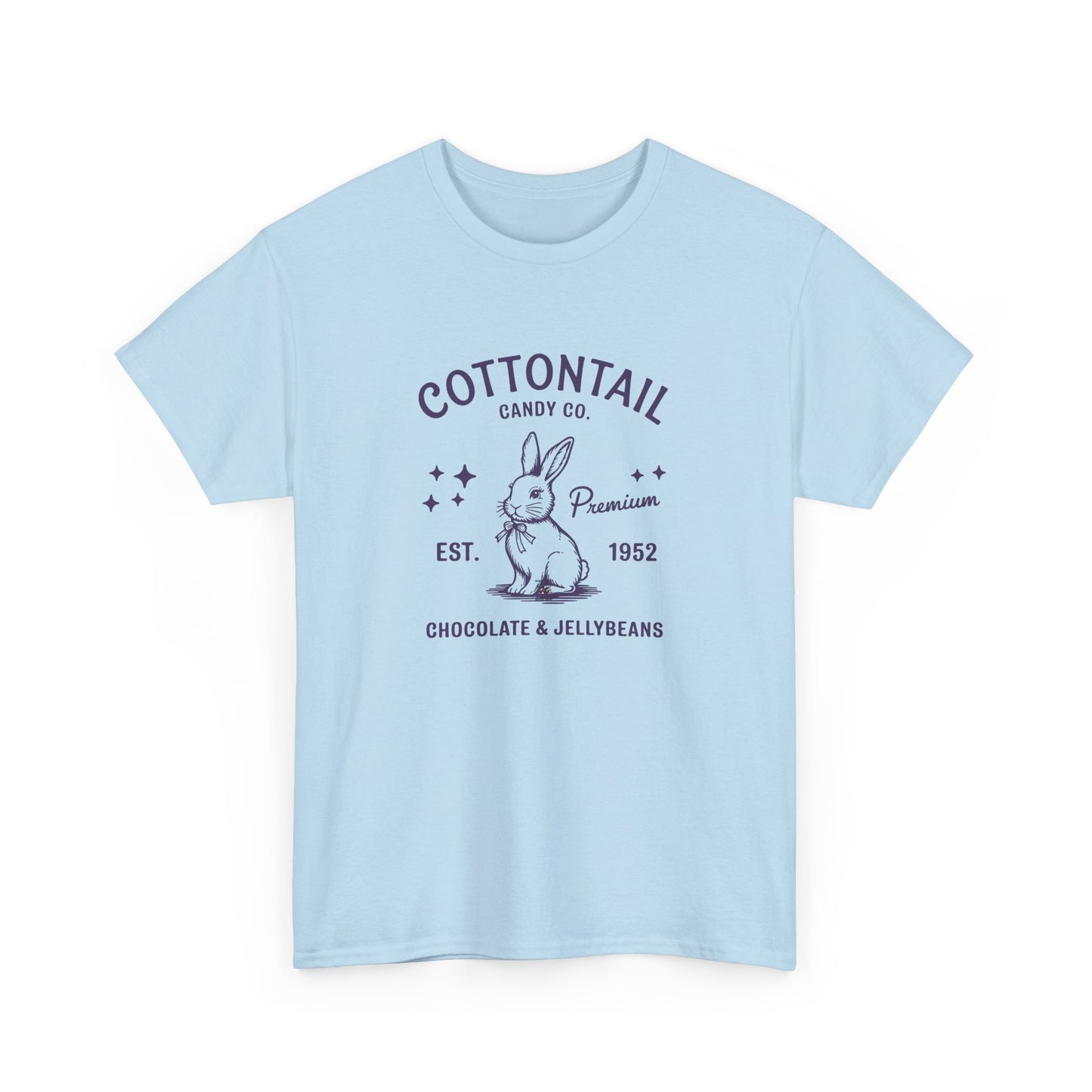Light Blue Easter T-shirt showcasing a nostalgic "Cottontail Candy Co." design with a charming bunny, perfect for Easter celebrations. Hop into the season in style and shop Easter shirts online today!