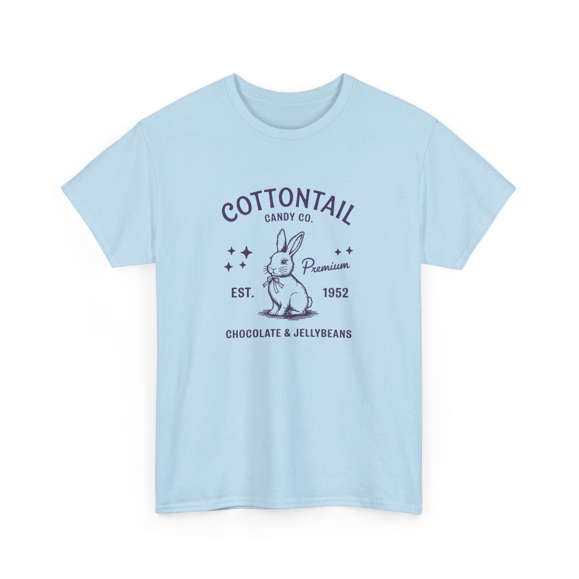 Light Blue Easter T-shirt showcasing a nostalgic "Cottontail Candy Co." design with a charming bunny, perfect for Easter celebrations. Hop into the season in style and shop Easter shirts online today!
