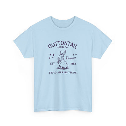 Light Blue Easter T-shirt showcasing a nostalgic "Cottontail Candy Co." design with a charming bunny, perfect for Easter celebrations. Hop into the season in style and shop Easter shirts online today!