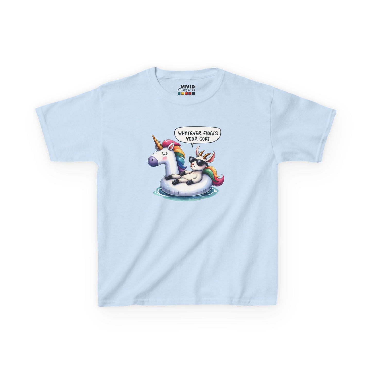 Front view of a light blue "Whatever Floats Your Goat" kids T-shirt featuring a cartoon goat floating on a unicorn pool float. Part of the Vivid Divergence Sensory Friendly Kids Shirts Range. The perfect T-shirt for sensory-sensitive kids and comes with a Sensory Satisfaction Promise.