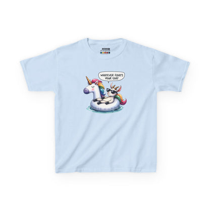 Front view of a light blue "Whatever Floats Your Goat" kids T-shirt featuring a cartoon goat floating on a unicorn pool float. Part of the Vivid Divergence Sensory Friendly Kids Shirts Range. The perfect T-shirt for sensory-sensitive kids and comes with a Sensory Satisfaction Promise.