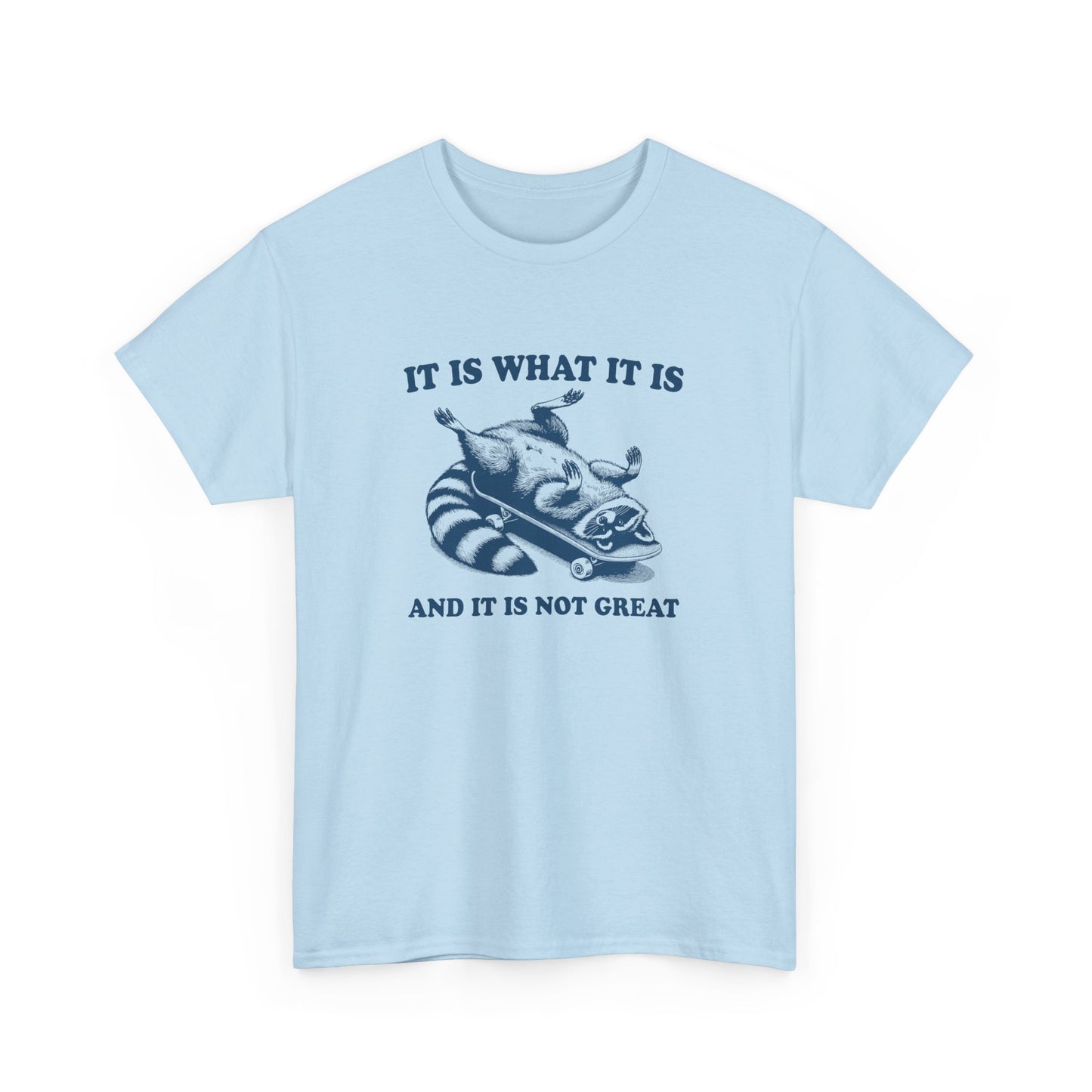 Front view of a light blue T-shirt featuring a raccoon on a skateboard with "It Is What It Is... And It's Not Great" text. Part of the Vivid Divergence Sensory Friendly Unisex Tees Range.