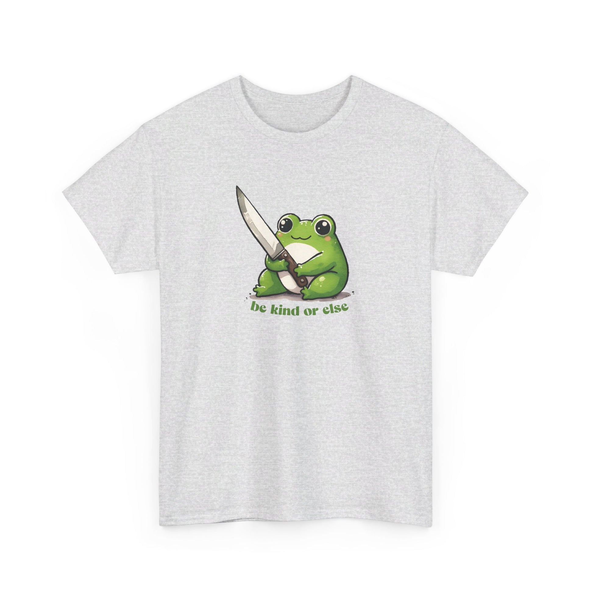 Front view of a light gray T-shirt featuring a green frog holding a knife with the text "Be Kind or Else." Part of the Vivid Divergence Sensory Friendly Unisex Tees Range.