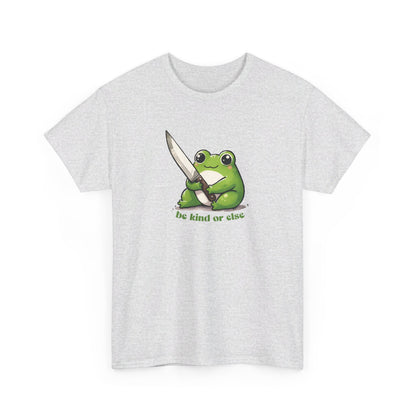 Front view of a light gray T-shirt featuring a green frog holding a knife with the text "Be Kind or Else." Part of the Vivid Divergence Sensory Friendly Unisex Tees Range.