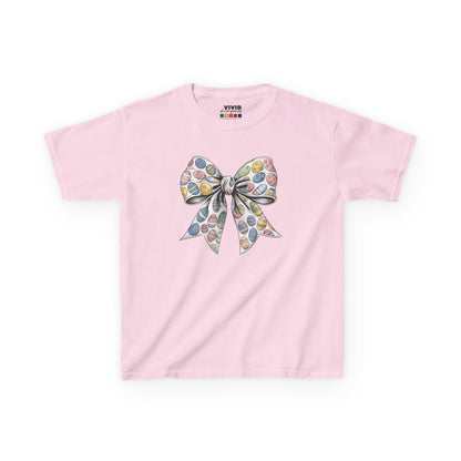 Light pink kids' T-shirt featuring a feminine floral bow design, embracing the coquette aesthetic for Easter. Hop into the season in style and shop Easter shirts online today!