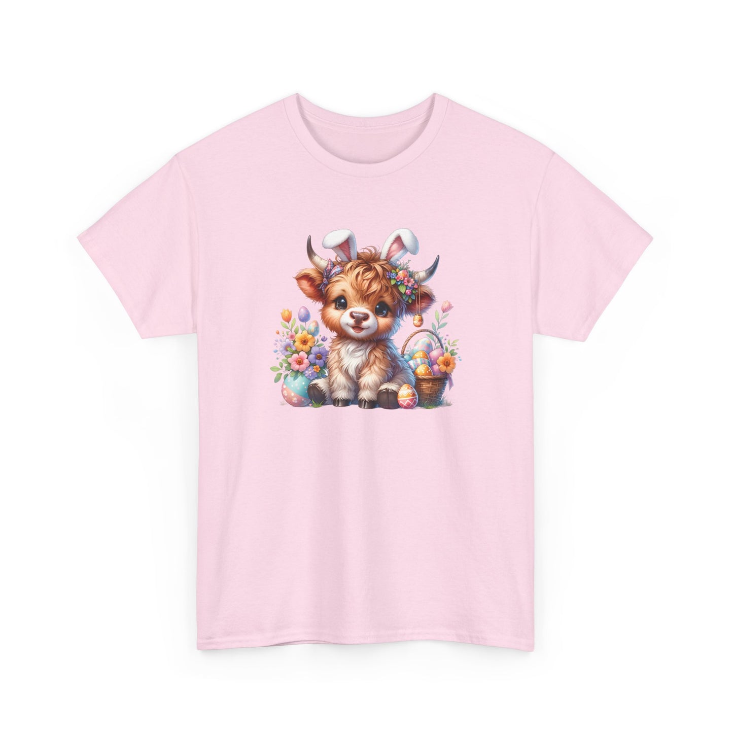 Light Pink Easter T-shirt showcasing an adorable Highland cow with colorful Easter eggs and spring florals, a charming and stylish holiday outfit. Hop into the season in style and shop Easter shirts online today!