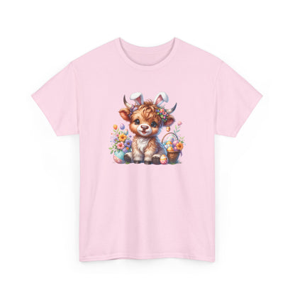 Light Pink Easter T-shirt showcasing an adorable Highland cow with colorful Easter eggs and spring florals, a charming and stylish holiday outfit. Hop into the season in style and shop Easter shirts online today!