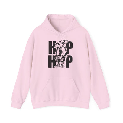 Front view of light pink hoodie with black hip hop bunny Easter design. Part of the Vivid Divergence Sensory Friendly Unisex Hoodies Range.