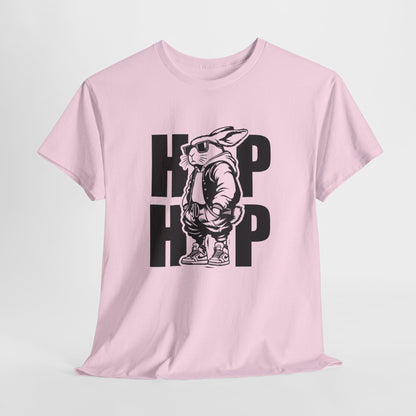 Light Pink T-shirt hanging, featuring a trendy "HOP HOP" bunny design, perfect for adding a cool vibe to Easter outfits. Hop into the season in style and shop Easter shirts online today!