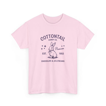 Light Pink Easter T-shirt featuring a vintage-style "Cottontail Candy Co." bunny logo, adding an elegant touch to Easter outfits. Hop into the season in style and shop Easter shirts online today!