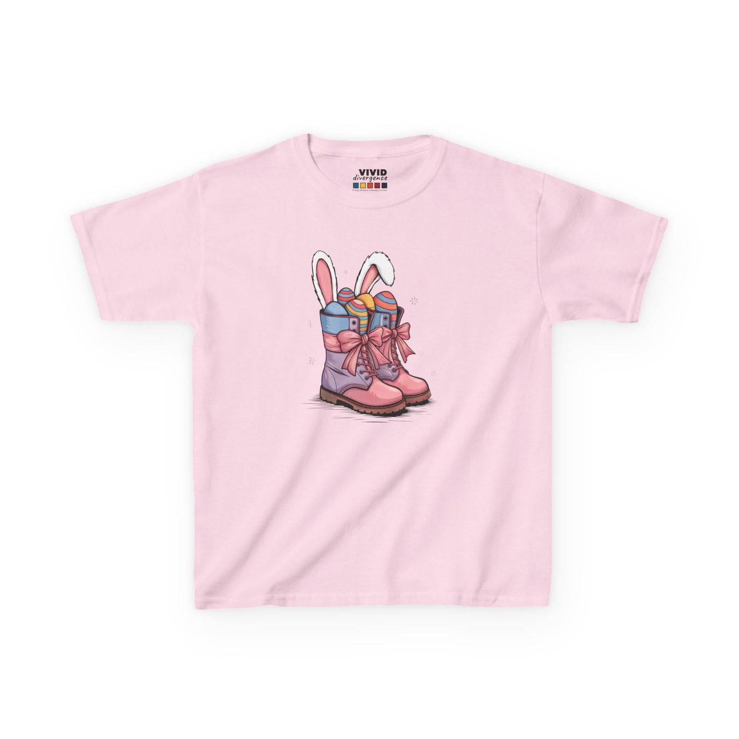 Light Pink kids' T-shirt featuring festive cowgirl boots filled with Easter eggs and bunny ears. A cute and fun Easter outfit. Hop into the season in style and shop Easter shirts online today!
