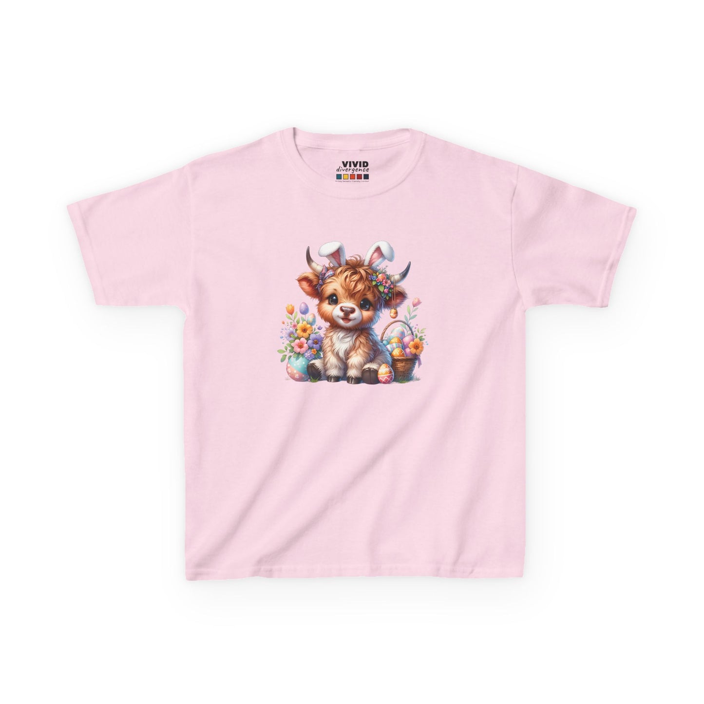Pink kids' T-shirt featuring a fluffy Highland cow with decorated Easter eggs and flowers, a fun and festive Easter outfit. Hop into the season in style and shop Easter shirts online today!