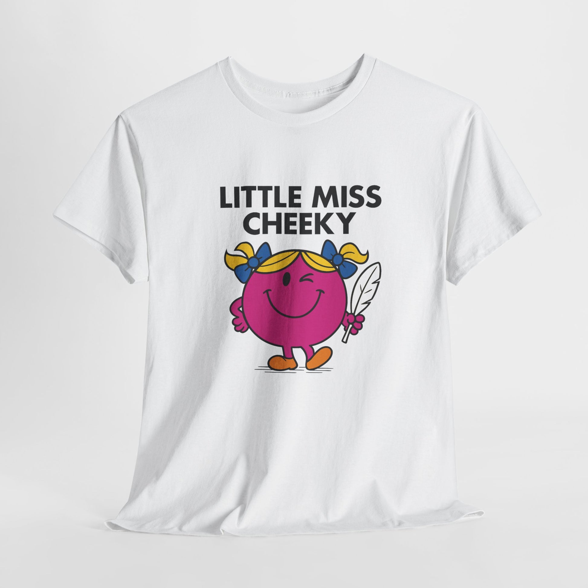 White “Little Miss Cheeky” T-shirt displayed laid flat, showing full print. Part of the Vivid Divergence Sensory Friendly Unisex Tees Range. Part of the Little Miss Meme Character Collection.
