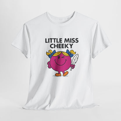 White “Little Miss Cheeky” T-shirt displayed laid flat, showing full print. Part of the Vivid Divergence Sensory Friendly Unisex Tees Range. Part of the Little Miss Meme Character Collection.
