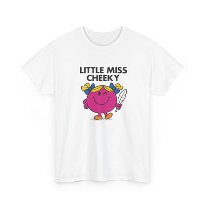 Front view of a white T-shirt featuring the “Little Miss Cheeky” cartoon graphic. Part of the Vivid Divergence Sensory Friendly Unisex Tees Range. Part of the Little Miss Meme Character Collection.
