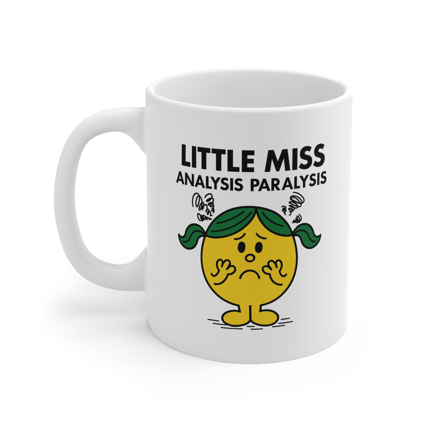 Angled front view of white mug featuring anxious yellow character with green pigtails and squiggly thought lines. Classic “Little Miss Analysis Paralysis” energy. Part of the Vivid Divergence Little Miss Meme Collection!

