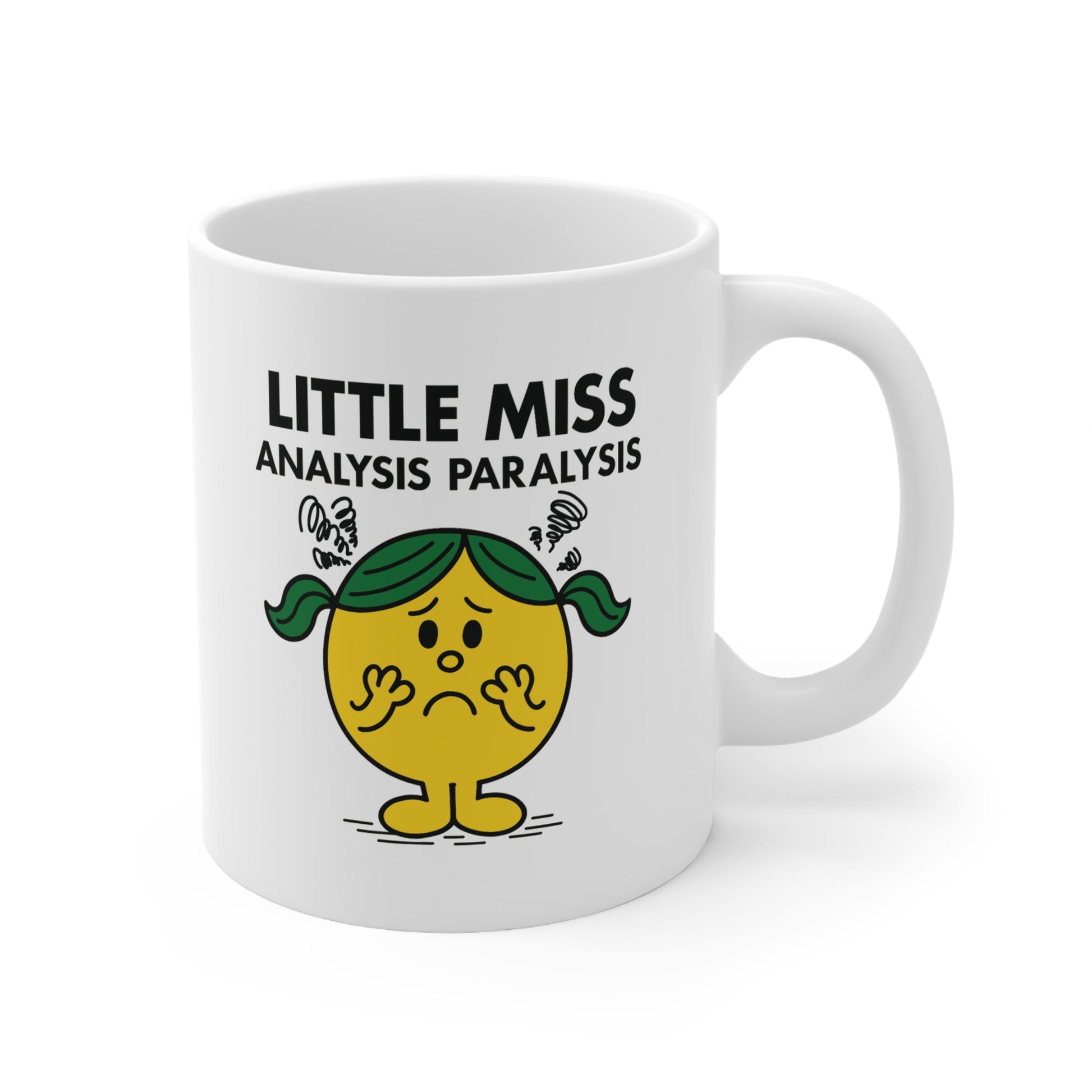 Front view of white mug showing a yellow character frozen in thought, hands on cheeks, green pigtails, with squiggles above her head. Text reads "Little Miss Analysis Paralysis." She’s still deciding what to wear… from last Tuesday. Part of the Vivid Divergence Little Miss Meme Collection!
