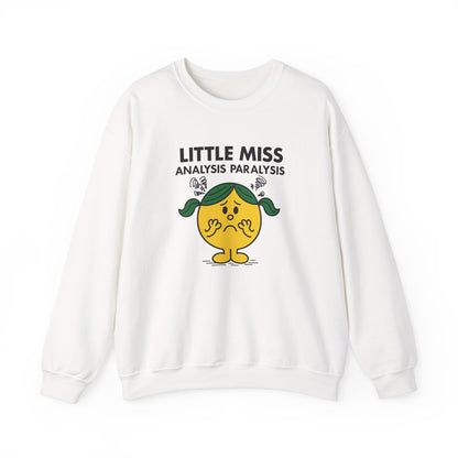 Front view of a white sweatshirt featuring the Little Miss Analysis Paralysis cartoon graphic. Part of the Little Miss Meme Character Collection. A Vivid Divergence Sensory Friendly Sweater Jumper.
