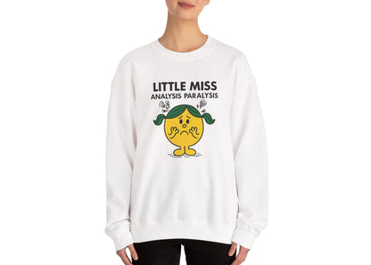 Person wearing the Little Miss Analysis Paralysis sweatshirt styled casually. Part of the Little Miss Meme Character Collection. A Vivid Divergence Sensory Friendly Sweater Jumper.
