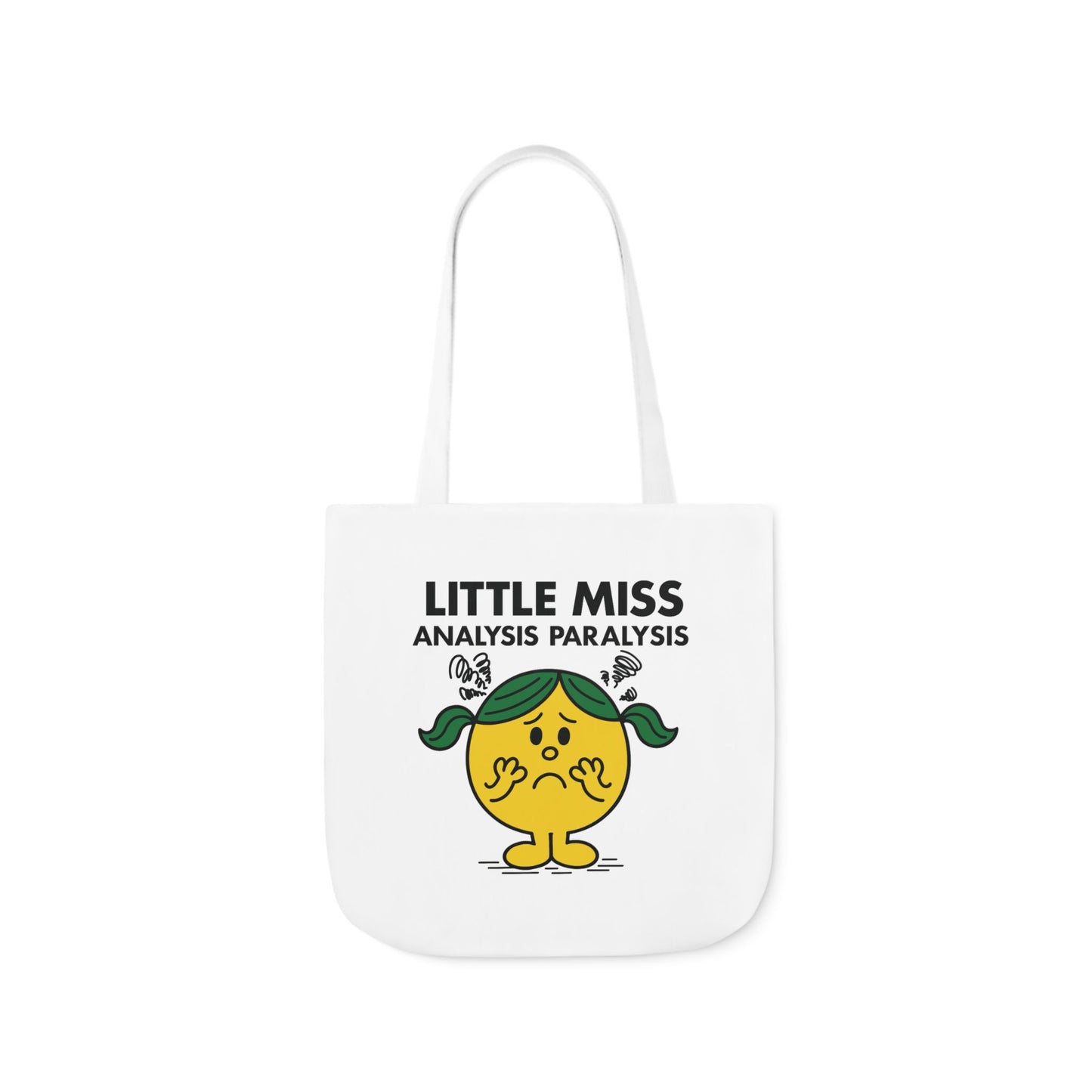 Front view of white canvas tote bag featuring yellow character with green pigtails, hands on cheeks, and spirals of indecision above her head. Text reads "Little Miss Analysis Paralysis." Part of the Vivid Divergence Little Miss Meme Collection!