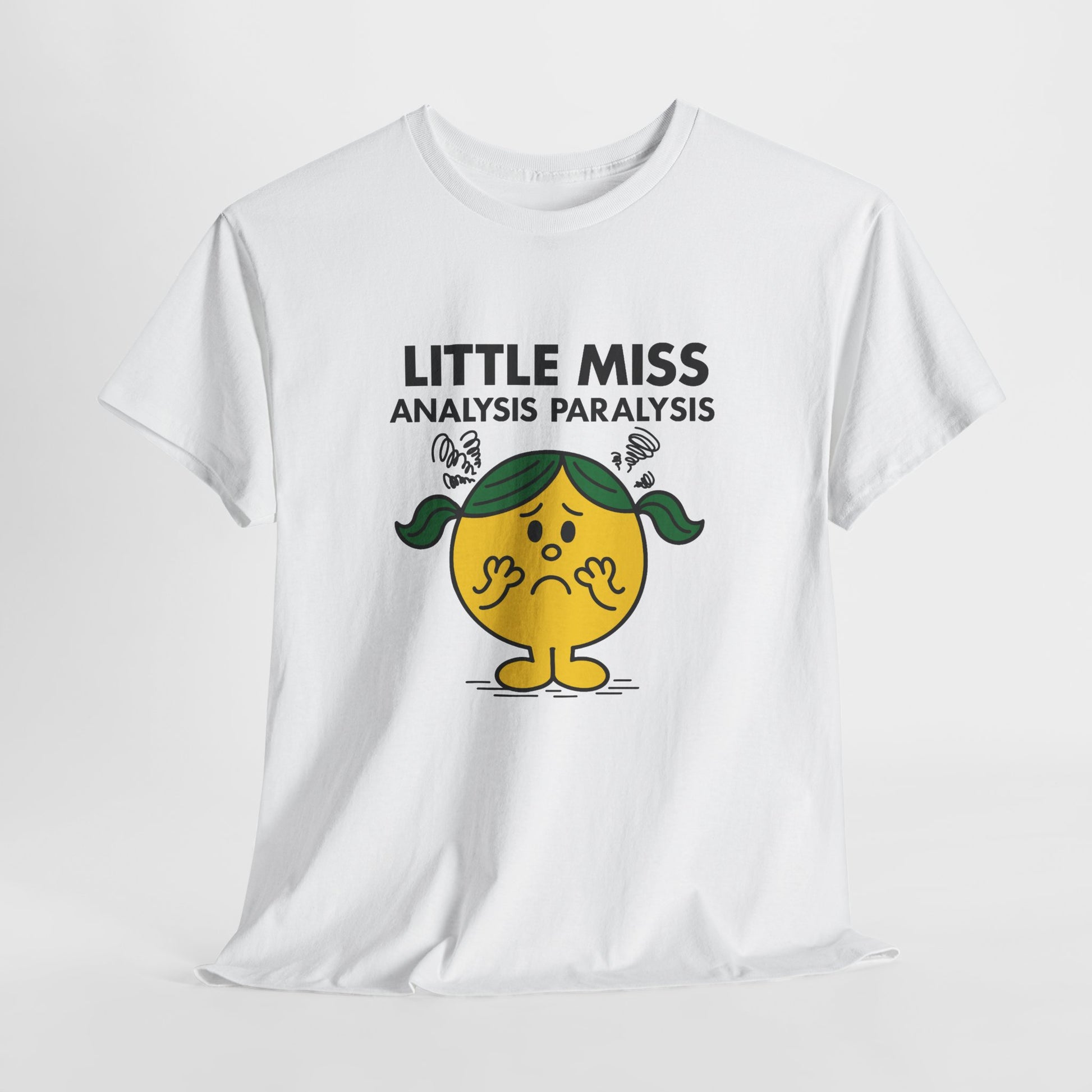 White Little Miss Analysis Paralysis T-shirt displayed flat to show the full print. Part of the Little Miss Meme Character Collection. A Vivid Divergence Sensory Friendly Unisex Tee.