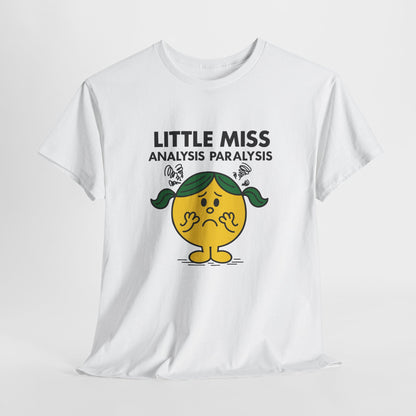 White Little Miss Analysis Paralysis T-shirt displayed flat to show the full print. Part of the Little Miss Meme Character Collection. A Vivid Divergence Sensory Friendly Unisex Tee.