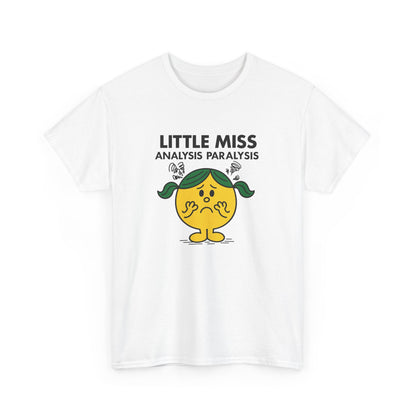 Front view of a white T-shirt featuring the Little Miss Analysis Paralysis cartoon graphic. Part of the Little Miss Meme Character Collection. A Vivid Divergence Sensory Friendly Unisex Tee.
