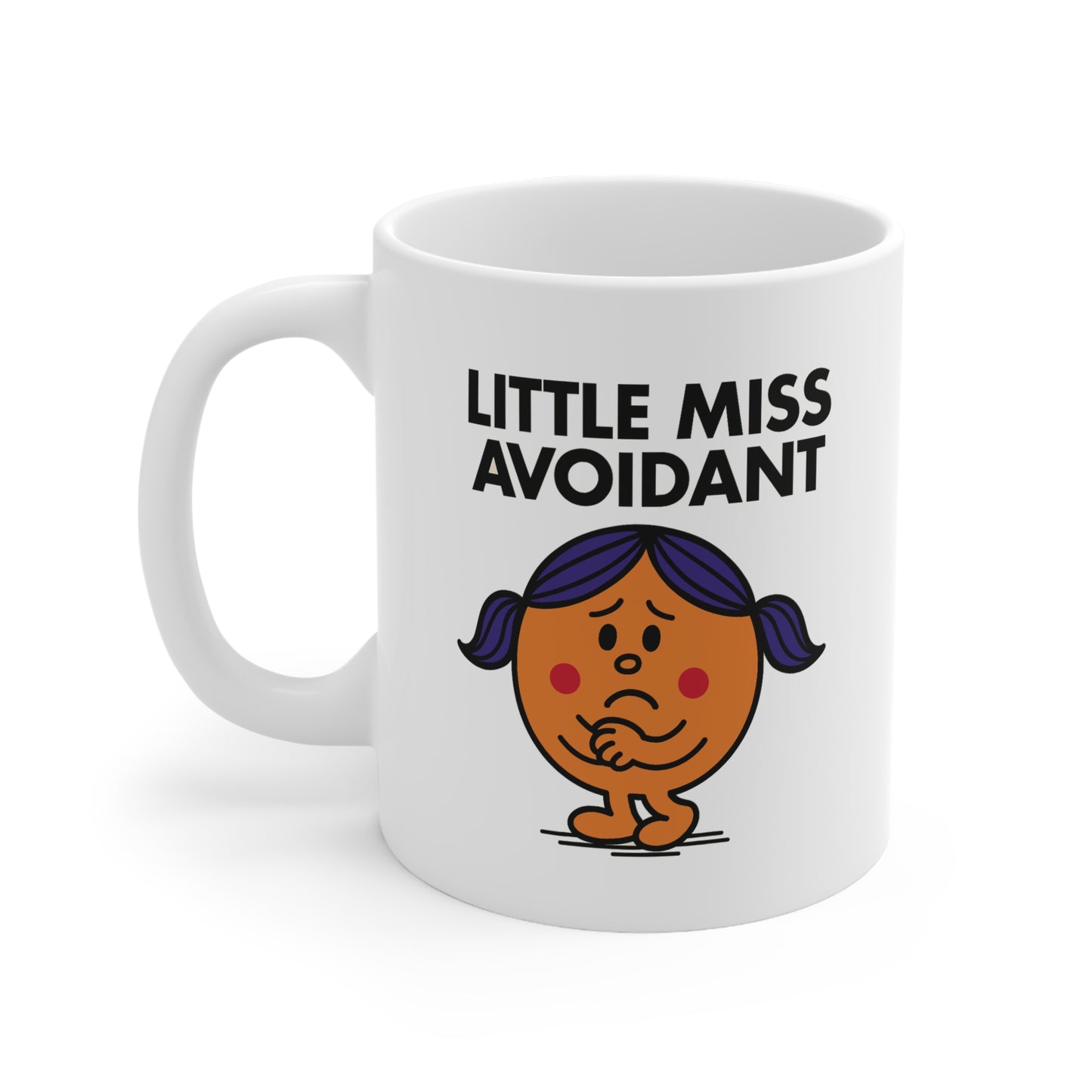 Angled front view of mug showing Little Miss Avoidant with anxious eyes and pursed lips. She’s not ready to talk about it. Part of the Vivid Divergence Little Miss Meme Collection!
