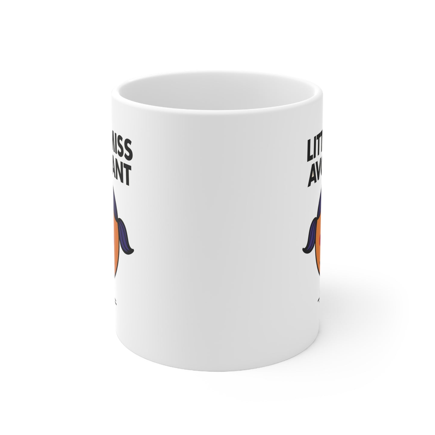 Rear view of white mug with just a glimpse of purple pigtails curling around the edge. She’s literally turning away. Part of the Vivid Divergence Little Miss Meme Collection!
