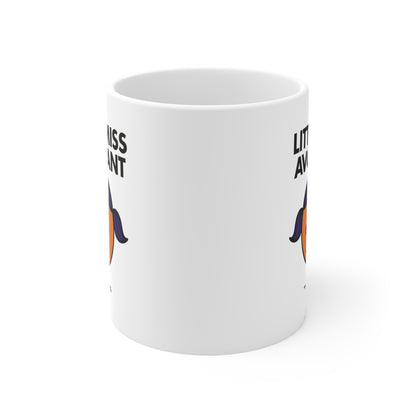 Rear view of white mug with just a glimpse of purple pigtails curling around the edge. She’s literally turning away. Part of the Vivid Divergence Little Miss Meme Collection!
