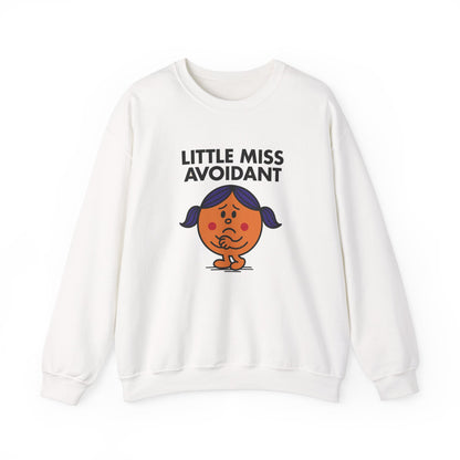 Front view of a white sweatshirt featuring the Little Miss Avoidant cartoon graphic. Part of the Little Miss Meme Character Collection. A Vivid Divergence Sensory Friendly Sweater Jumper.
