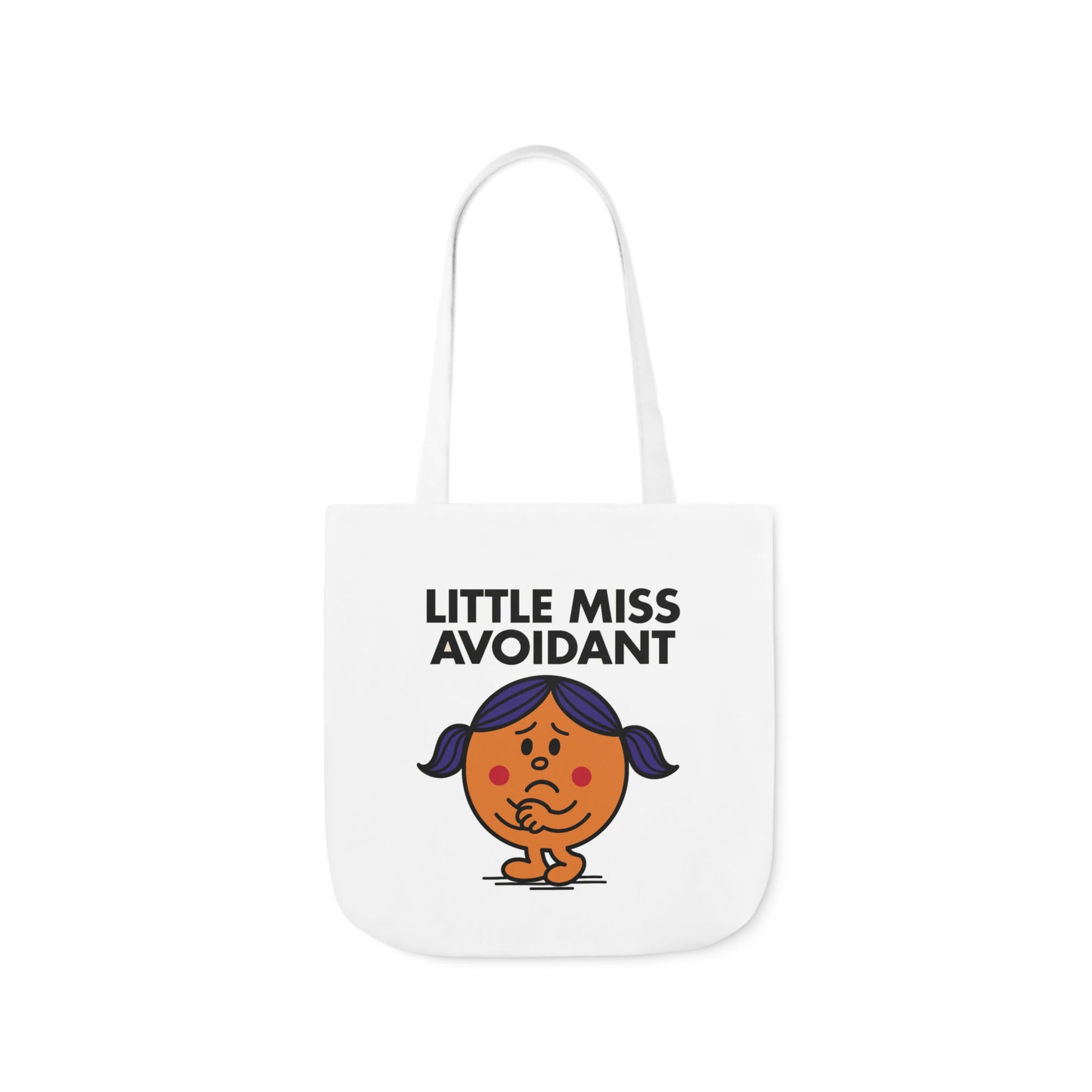 Front view of white canvas tote bag featuring orange character with purple pigtails, wide eyes, and trembling lips. Text reads "Little Miss Avoidant." She’s emotionally unavailable… but stylish. Part of the Vivid Divergence Little Miss Meme Collection!
