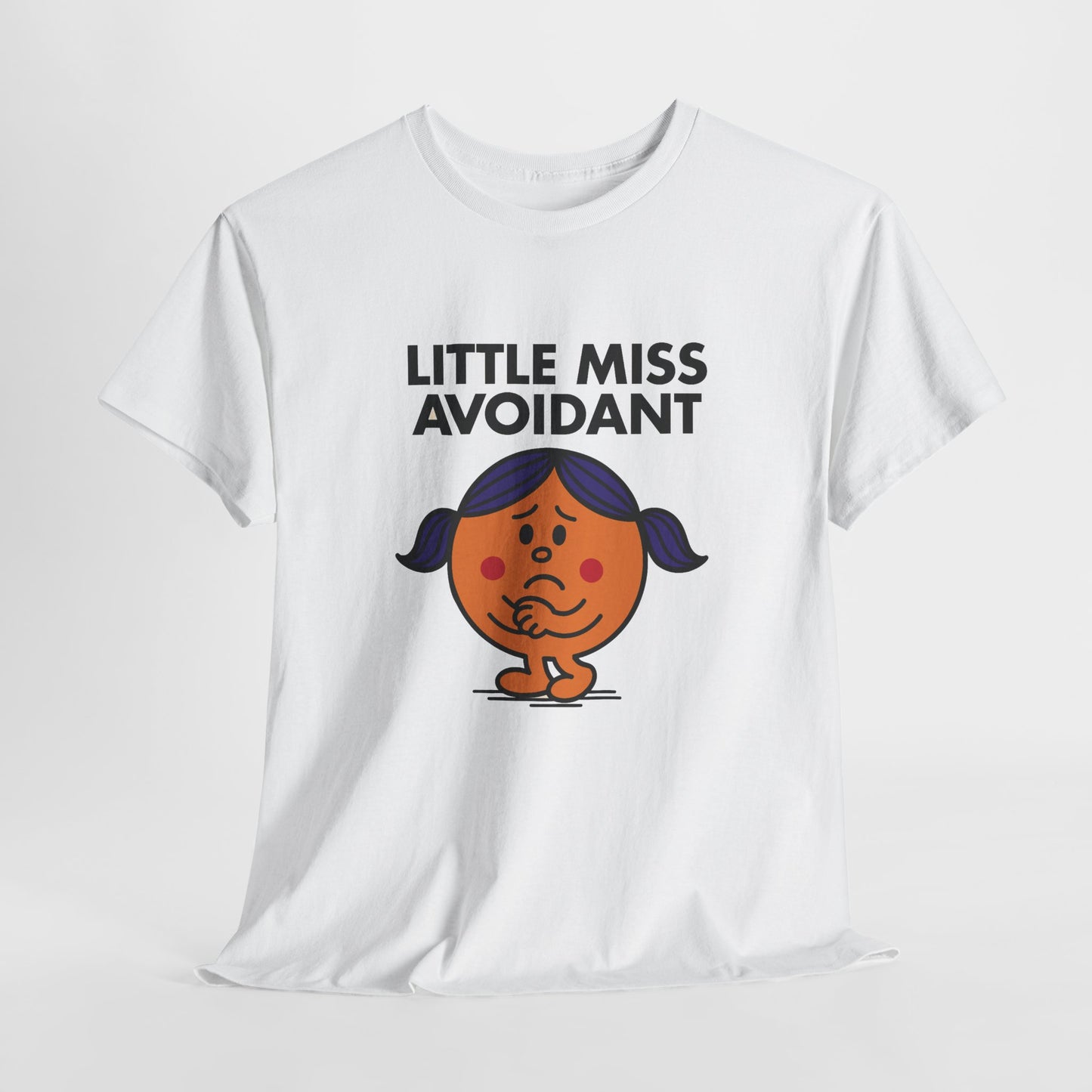 White Little Miss Avoidant T-shirt laid flat to display the design. Part of the Little Miss Meme Character Collection. A Vivid Divergence Sensory Friendly Unisex Tee.
