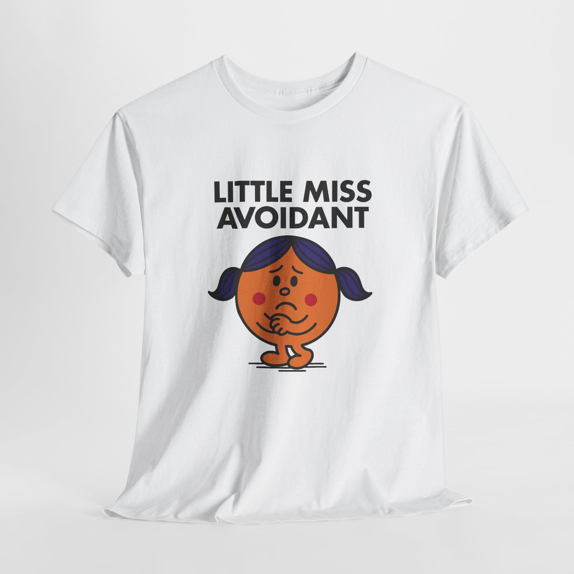 White Little Miss Avoidant T-shirt laid flat to display the design. Part of the Little Miss Meme Character Collection. A Vivid Divergence Sensory Friendly Unisex Tee.