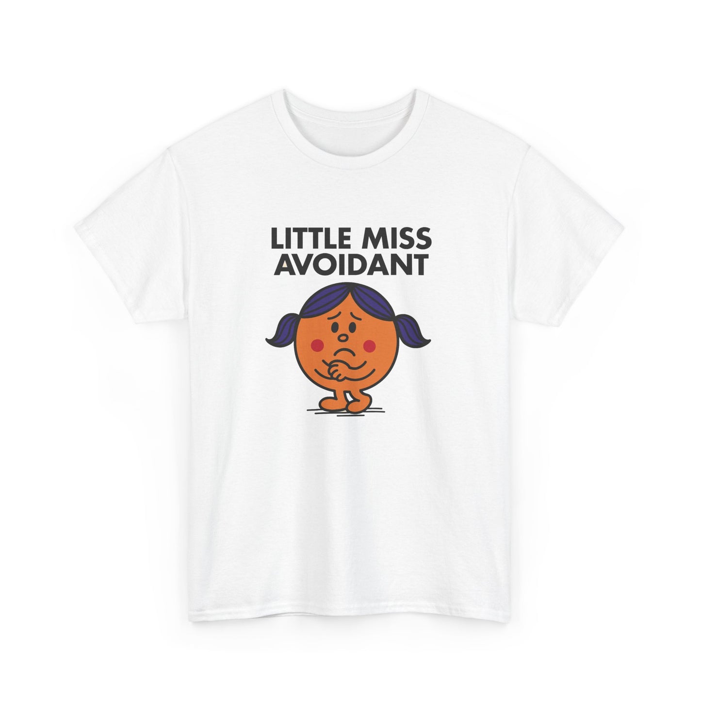 Front view of a white T-shirt featuring the Little Miss Avoidant cartoon graphic. Part of the Little Miss Meme Character Collection. A Vivid Divergence Sensory Friendly Unisex Tee.