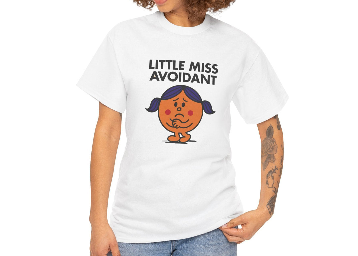 Person wearing the Little Miss Avoidant T-shirt styled with casual jeans. Part of the Little Miss Meme Character Collection. A Vivid Divergence Sensory Friendly Unisex Tee.