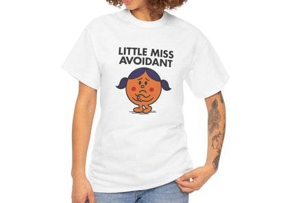 Person wearing the Little Miss Avoidant T-shirt styled with casual jeans. Part of the Little Miss Meme Character Collection. A Vivid Divergence Sensory Friendly Unisex Tee.