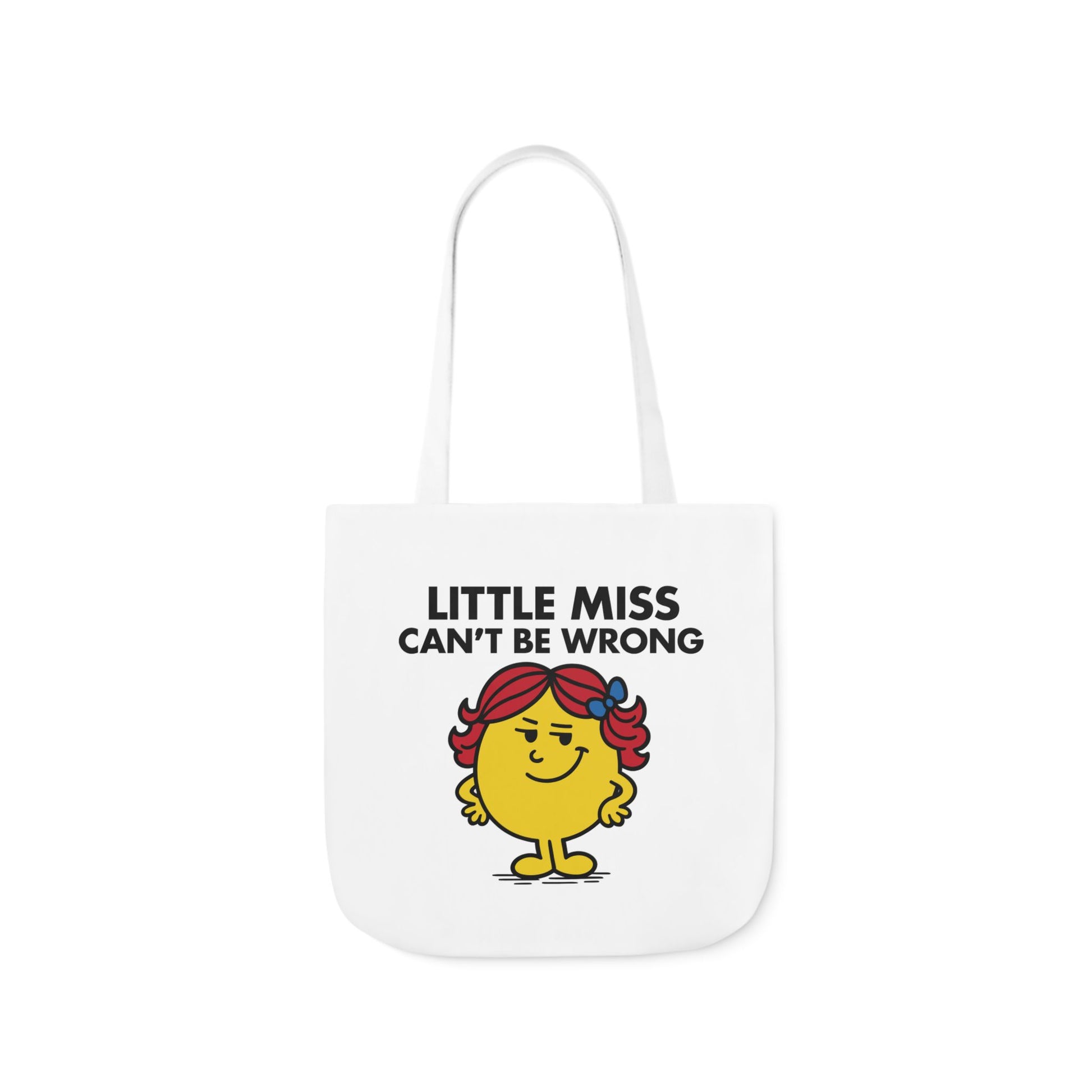 Front view of white canvas tote bag featuring yellow character with red pigtails, smug smile, and hands on hips under the text "Little Miss Can’t Be Wrong." Part of the Vivid Divergence Little Miss Meme Collection!
