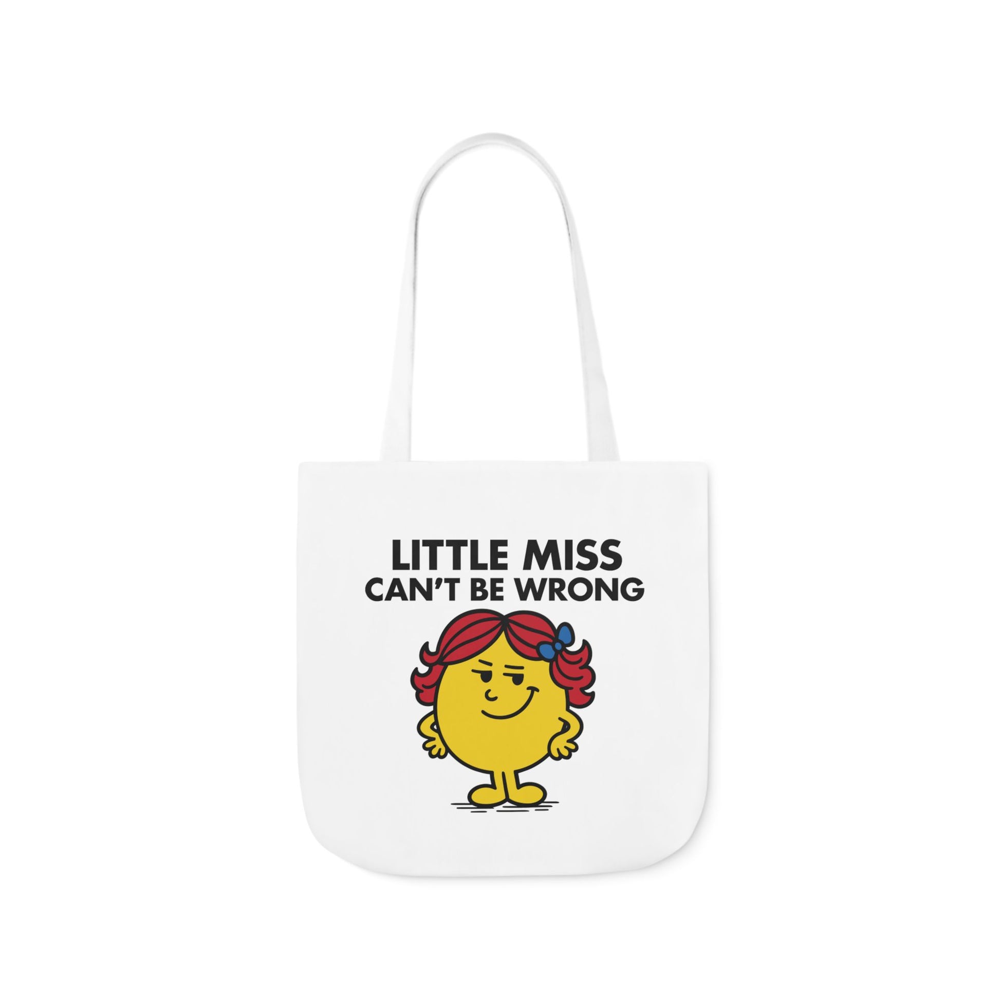 Straight-on view of tote bag showing Little Miss Can’t Be Wrong mid-smirk. She’s never been wrong, just less right than usual. Part of the Vivid Divergence Little Miss Meme Collection!
