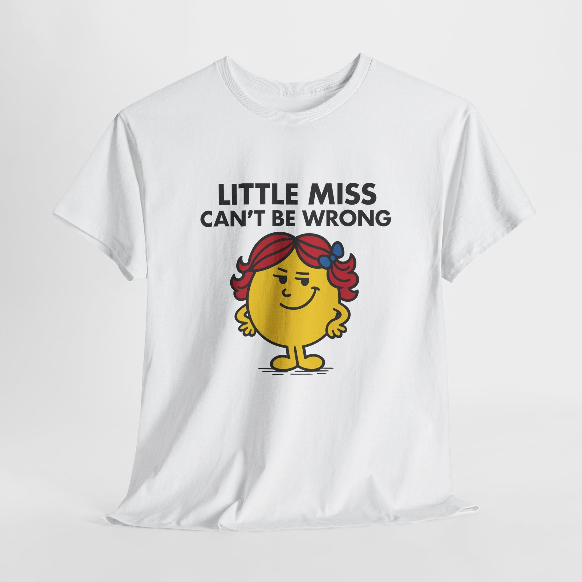 White Little Miss Can’t Be Wrong T-shirt laid flat to show the full design. Part of the Little Miss Meme Character Collection. A Vivid Divergence Sensory Friendly Unisex Tee.
