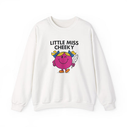 Front view of a white sweatshirt featuring the Little Miss Cheeky cartoon graphic. Part of the Little Miss Meme Character Collection. A Vivid Divergence Sensory Friendly Sweater Jumper.
