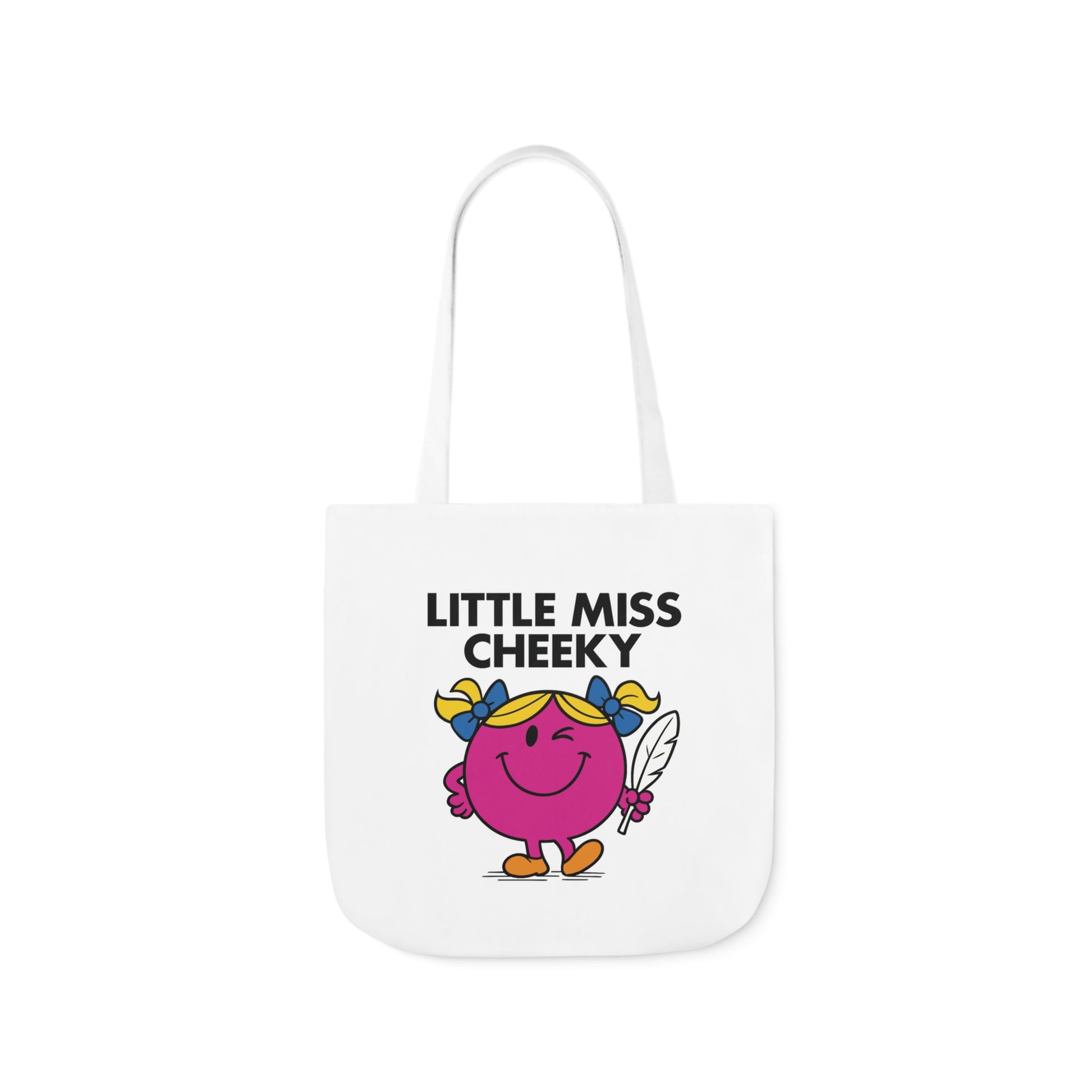 Front view of white canvas tote bag featuring magenta character with a mischievous smile, one eye closed in a wink, and hands behind her back. Text reads "Little Miss Cheeky." Part of the Vivid Divergence Little Miss Meme Collection!
