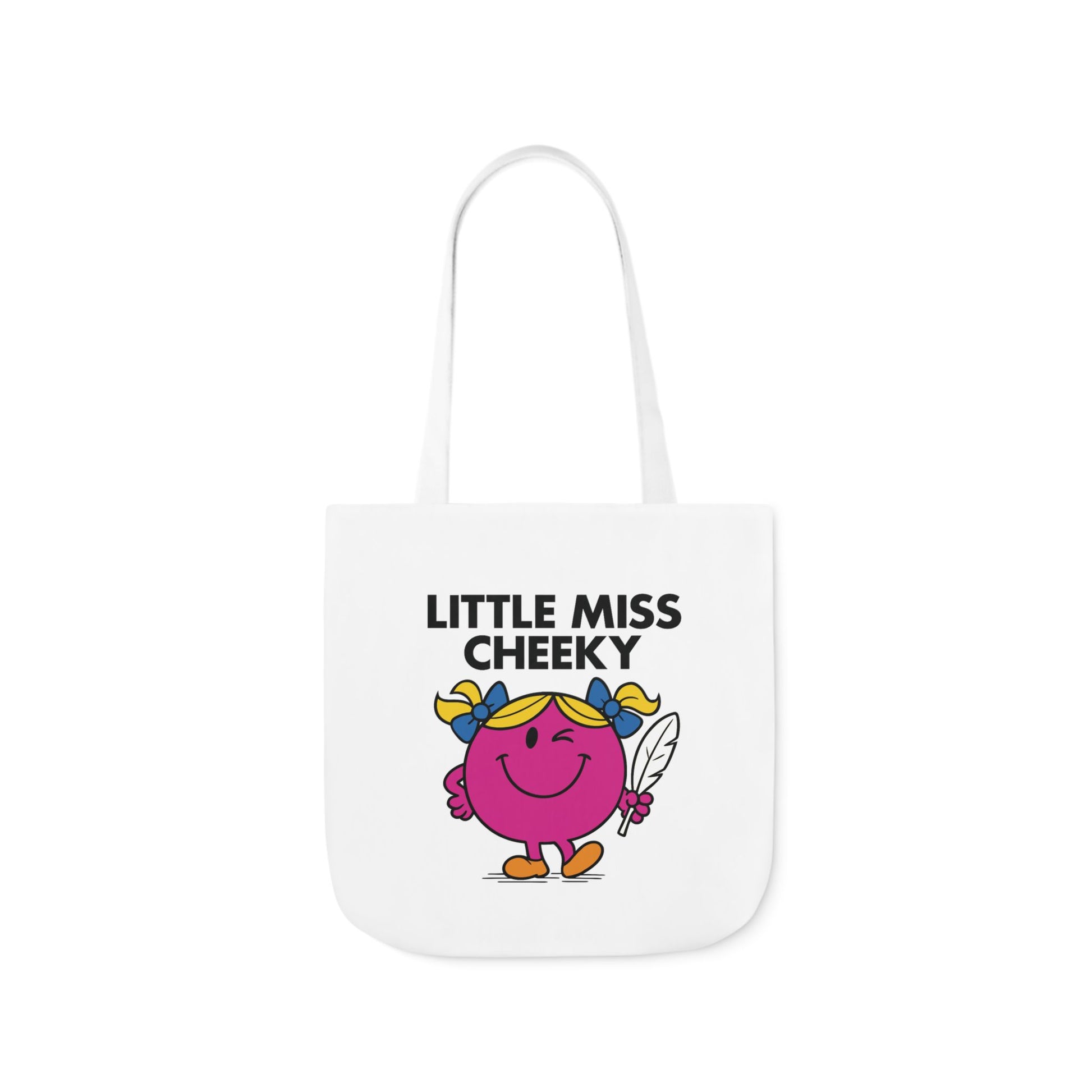 Straight-on view of tote bag with Little Miss Cheeky’s playful pose front and center — she knows exactly what she did. Part of the Vivid Divergence Little Miss Meme Collection!
