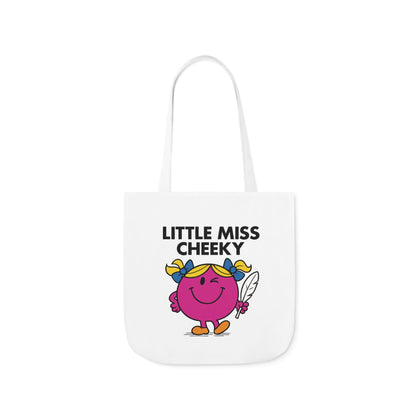 Straight-on view of tote bag with Little Miss Cheeky’s playful pose front and center — she knows exactly what she did. Part of the Vivid Divergence Little Miss Meme Collection!
