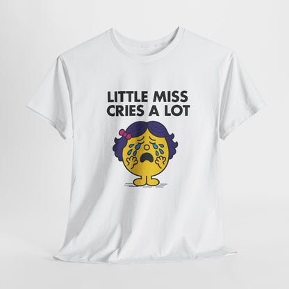 White Little Miss Cries A Lot T-shirt laid flat to show the full design. Part of the Little Miss Meme Character Collection. A Vivid Divergence Sensory Friendly Unisex Tee.
