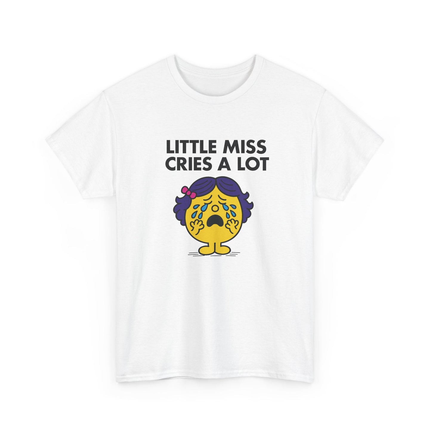 Front view of a white T-shirt featuring the Little Miss Cries A Lot cartoon graphic. Part of the Little Miss Meme Character Collection. A Vivid Divergence Sensory Friendly Unisex Tee.
