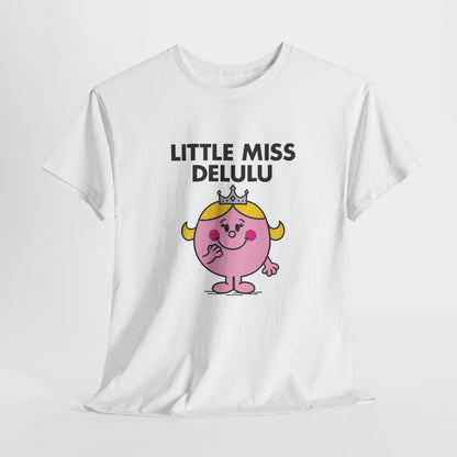 White Little Miss Delulu T-shirt laid flat to highlight the print. Part of the Little Miss Meme Character Collection. A Vivid Divergence Sensory Friendly Unisex Tee.
